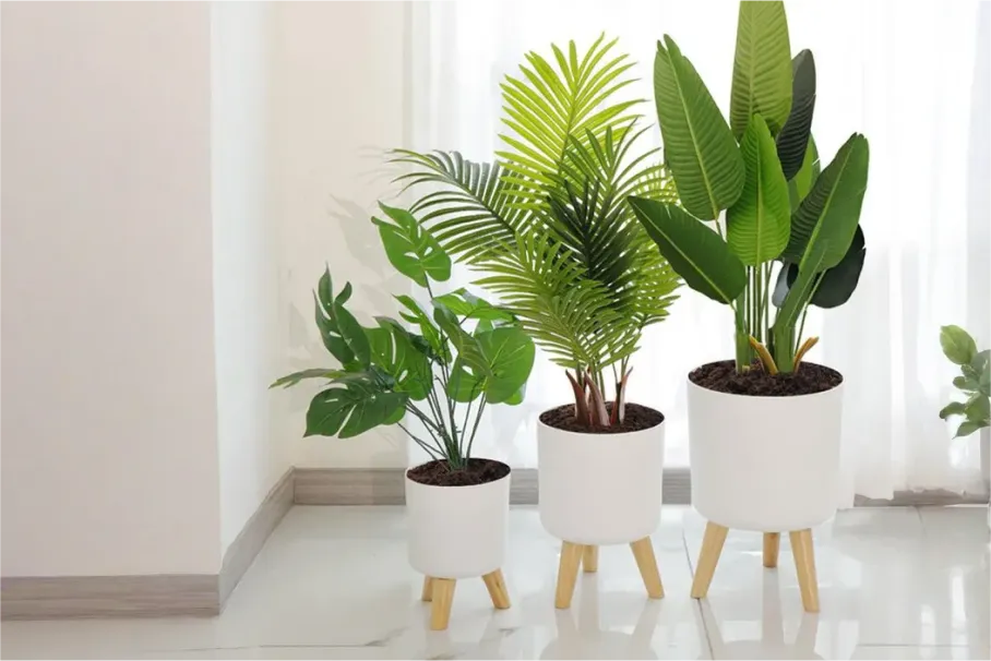Modern Self-Watering Planter with Wooden Stand